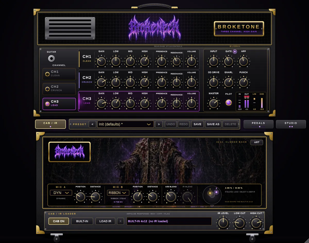 Broketone Cab / IR page with mic A, mic B, blend controls and the IR loader