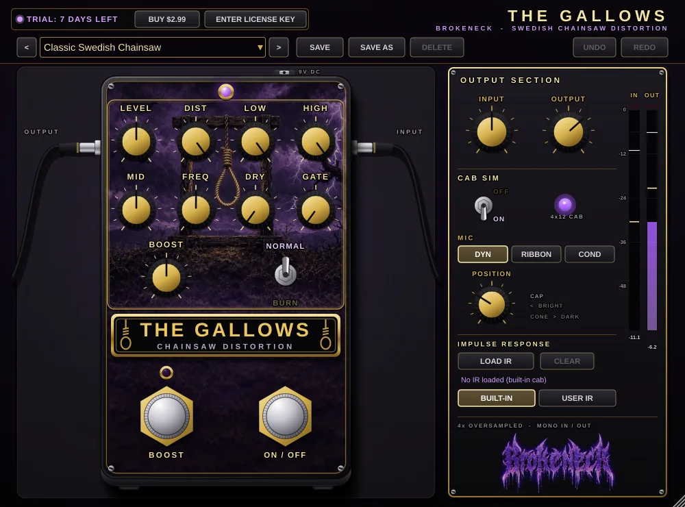 The Gallows plugin window: chainsaw distortion pedal with Level, Dist, Low, High, Mid, Freq, Dry and Gate knobs, plus the cab sim, mic and IR loader panel