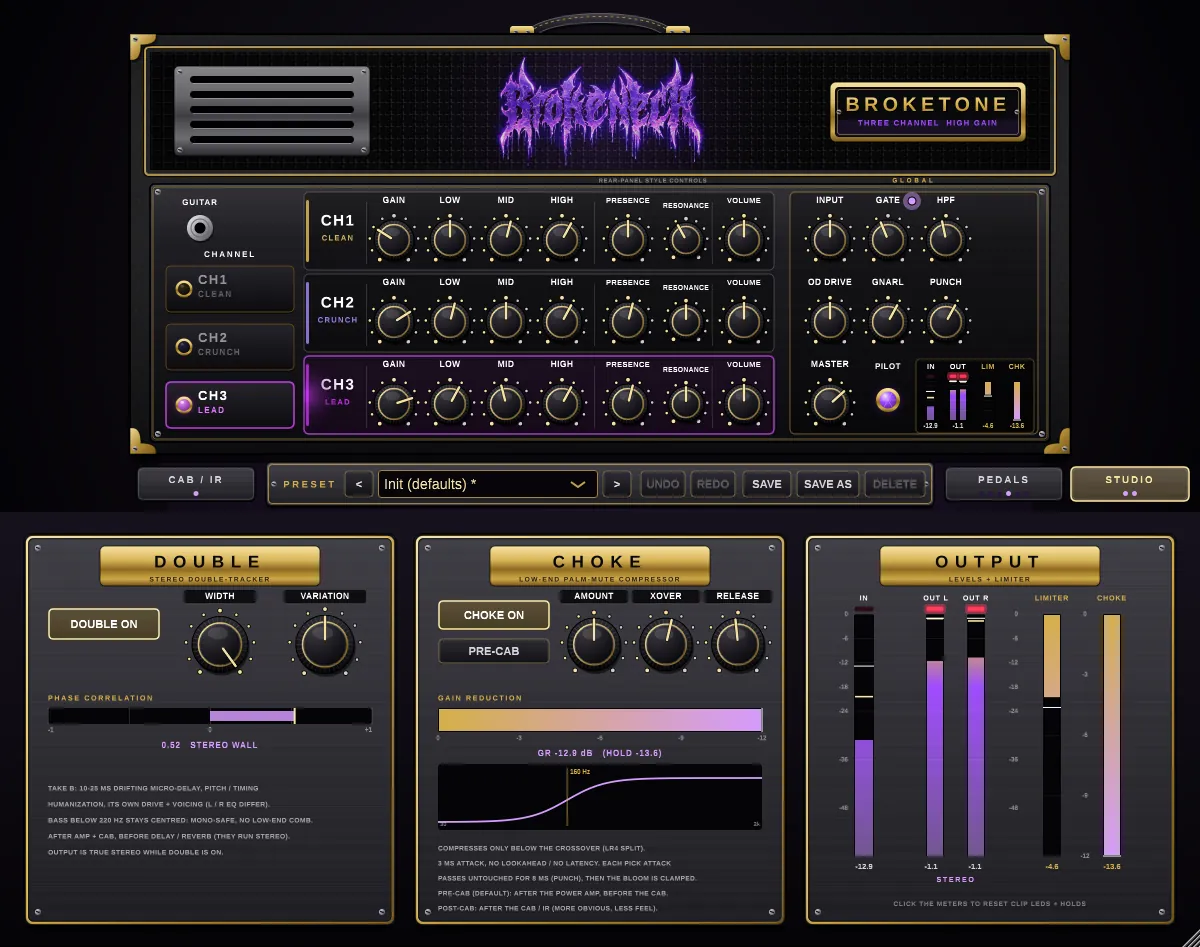 Broketone plugin window: three-channel amp head with DOUBLE, CHOKE and output meters on the Studio page