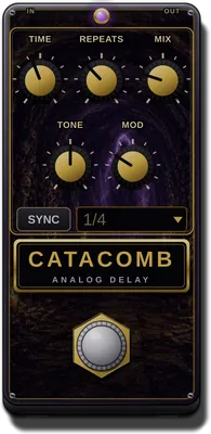 CATACOMB stompbox: gold knobs and a tempo-sync selector over a candlelit tunnel of skulls