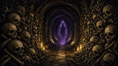 CATACOMB pedal artwork: a candlelit tunnel of skulls