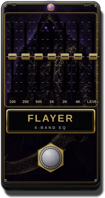 FLAYER stompbox: a black and purple enclosure with six gold faders over a hooded reaper illustration