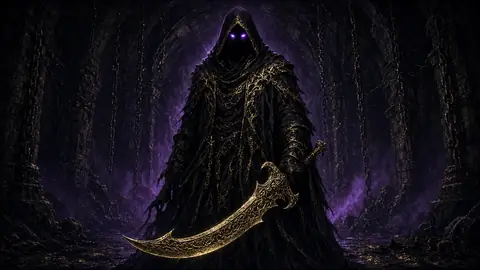 FLAYER pedal artwork: a hooded reaper with a golden blade