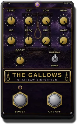 THE GALLOWS stompbox: eight gold knobs, a Normal / Burn switch and two footswitches over a noose under a stormy purple sky