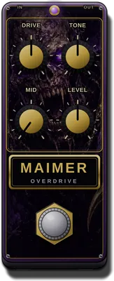 MAIMER stompbox: four gold knobs over a clawed ghoul with glowing eyes