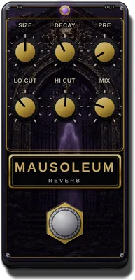 MAUSOLEUM stompbox: six gold knobs over a ghostly figure in a stone tomb doorway
