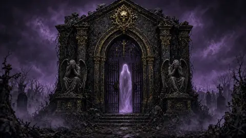 MAUSOLEUM pedal artwork: a ghostly figure in a stone tomb doorway