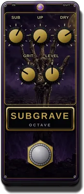 SUBGRAVE stompbox: gold knobs over a skeletal hand rising from an open grave